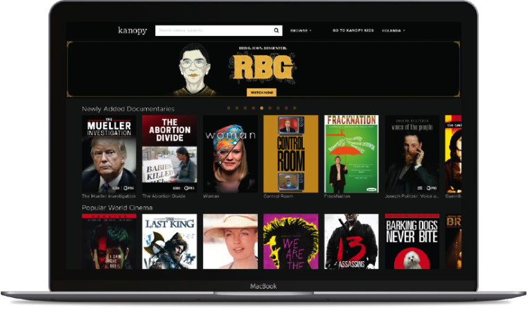 Laptop displaying Kanopy's streaming app.